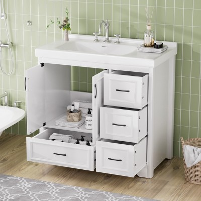 36'' Bathroom Vanities with Single Sink, Modern Under mount Bathroom Sink Cabinet with 2 Closing Doors & 4 Drawers. White