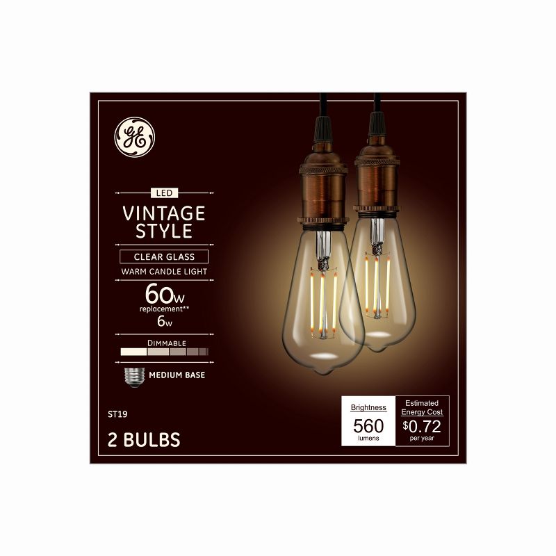 GE 2pk 6W 60W Equivalent LED Light Bulbs Clear Glass Warm Candle Light, 3 of 7