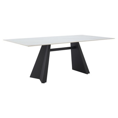 HomeRoots 79" White and Black Sintered Stone and Steel Double Pedestal Base Dining Table