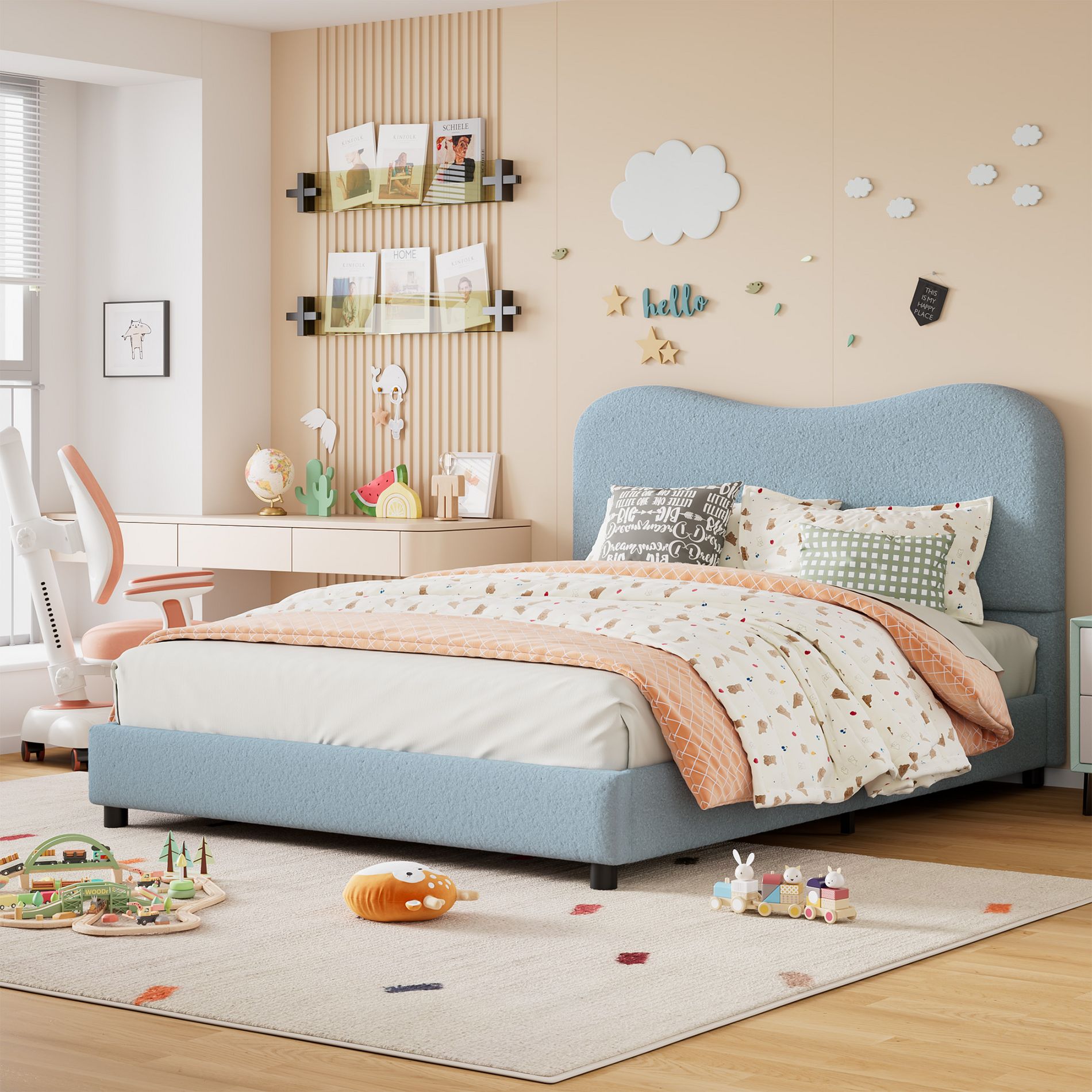 Blue Twin Kids Bed Frame with Upholstered Headboard, Low Profile Sturdy Platform Bed with Soft Boucle Fabric for Girls and Boys