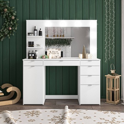 Olivia White Engineered Wood Vanity Table with Lighted Mirror