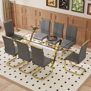 9-Piece Dining Set with Tempered Glass Table and 8 PU Armless Chairs - 1 of 4