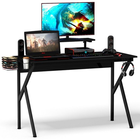 COSTWAY Bureau Gaming 122 x 60 CM, Table Bureau Gamer Ergonomique Double  Plateau