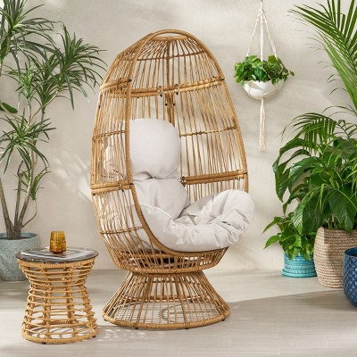 Outdoor Wicker Swivel Egg Chair,Egg Chair With Beige Cushion And Metal Frame,Polyethylene Rattan Woven Patio Basket Shape Egg Chair-Coolbibila