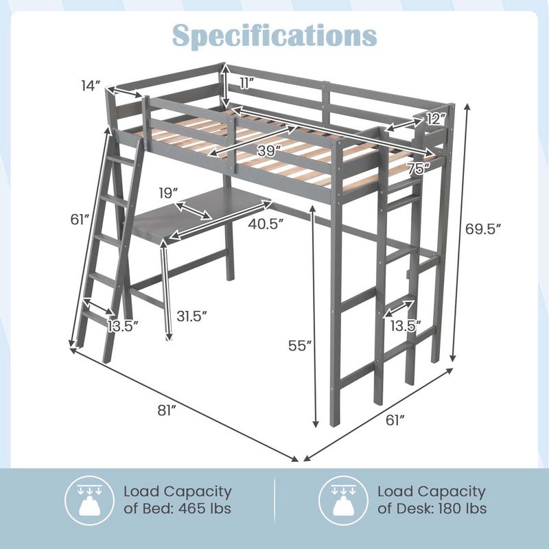 Costway Twin Size Loft Bed w/ Desk & Shelf 2 Ladders & Guard Rail for Kids Teens Bedroom Brown/Grey/White, 3 of 11