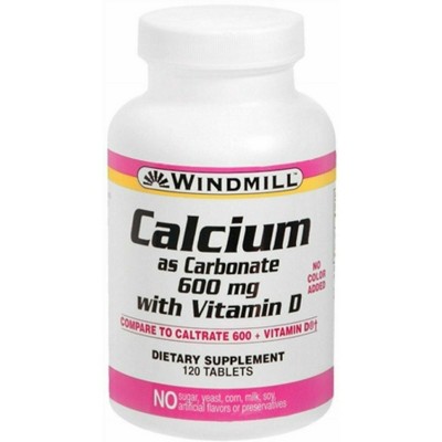 Windmill Calcium Carbonate 600 mg + Vitamin D Bone Strength & Calcium Support Formula for Daily Health, 120 Tablets