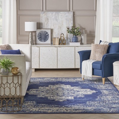 Extra Large Navy Blue Medallion Synthetic Area Rug