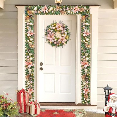 22 Inch Large Outdoor Christmas Wreath, Battery Operated Lighted Xmas Wreaths with Rose Gold Balls Poinsettias for Fireplace Window Wall Decor