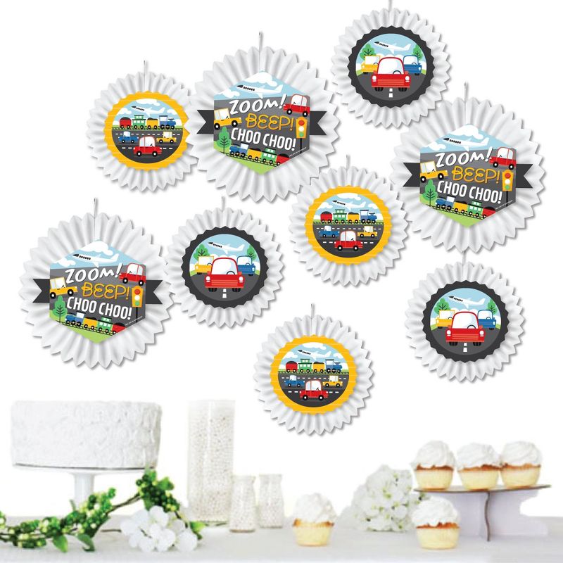 Big Dot of Happiness Cars, Trains, and Airplanes - Hanging Transportation Birthday Party Tissue Decoration Kit - Paper Fans - Set of 9, 1 of 9