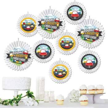 Big Dot of Happiness Cars, Trains, and Airplanes - Hanging Transportation Birthday Party Tissue Decoration Kit - Paper Fans - Set of 9