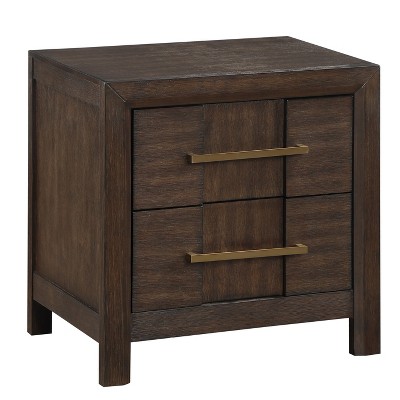 Vynxaria Kenzo Modern 2-Drawer Nightstand, Walnut Wood, 23"W×16"D×24"H, Gold-Coated Metal Handles, English Dovetail + Full Extension Glides