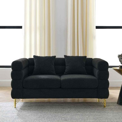 60 Inch 2 Seater Sectional Sofa for Living Room, Modern Curved Sofa with Lumbar Pillows, Teddy Fabric Sofa with Metal Legs-Coolbibila