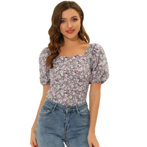 Allegra K Women's Puff Sleeve Square Neck Peasant Floral Blouse - 1 of 4