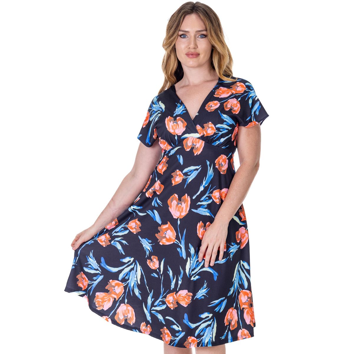 24seven Comfort Apparel Petite Tulip Print V Neck Empire Waist Cap Sleeve Knee Length Dress - thumbnail 5