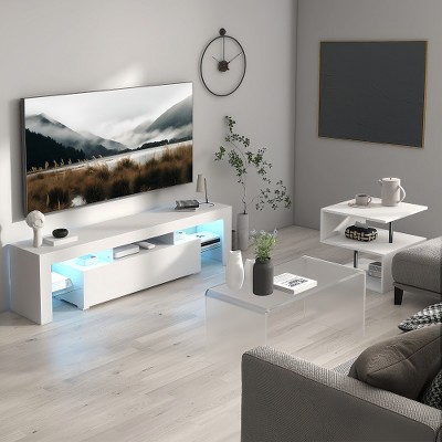 LIVAREEmlen LED TV Stand for Televisions up to 55 Inchs,Glass Shelf and High Glossy UV Front Face, Tv Console Table for Living Room,Bedroom,White