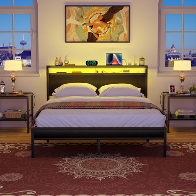 Aheaplus Platform Bed Frame with Charged Station and LED Lights