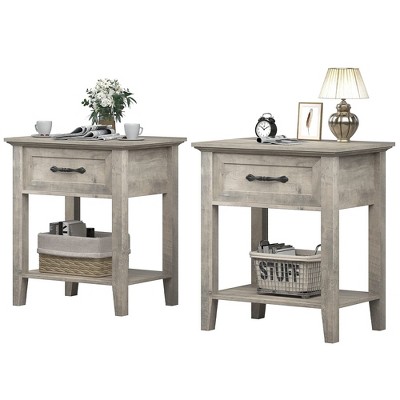 Homhougo Square Nightstand Set of 2, Bedside Table End Table for Bedroom Nursery Living Room, End Table with Storage Drawer Gray