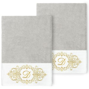 Linum Home Textiles 100% Turkish Cotton MONICA Gold Thread 2PC Embellished Bath Towel Set - 1 of 3