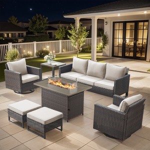 Buenhomino 7PCS Outdoor Patio Furniture Set,PE Wicker Patio Conversation Sets with 41" 50000BTU Fire Pit Table,Swivel Rocking Chairs Set - 1 of 4