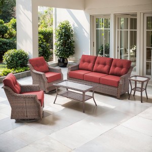 Belord 5PCS Brown Round Rattan Patio Furniture Set with 6" Thick Cushion, Outdoor Lounge Set with Swivel Chairs and Two-Tier Patio Coffee Table - 1 of 4