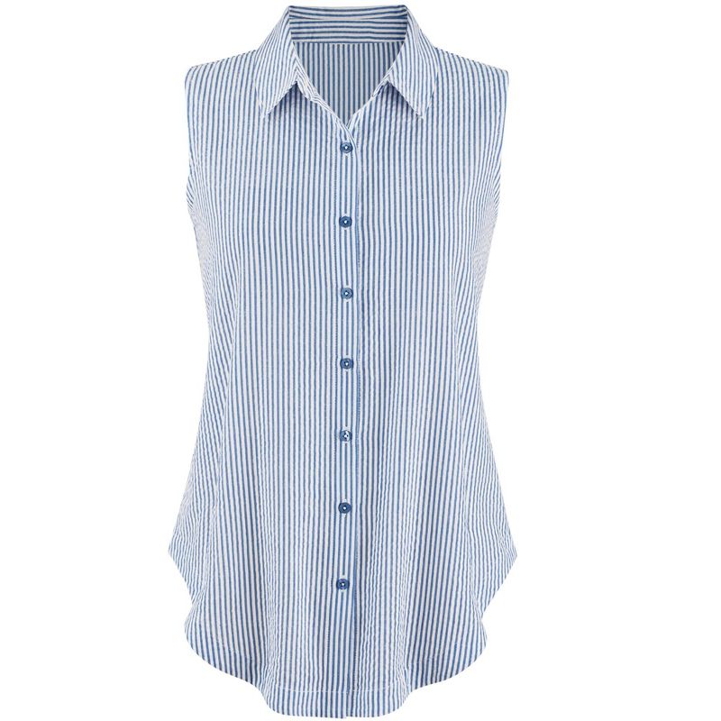 Collections Etc Striped Seersucker Sleeveless Button Front Shirt, 3 of 5