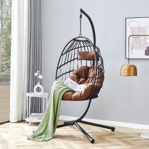 Sapphtopaz Porch Swing Egg Hanging Chair Wicker Woven Swing Hanging Hammock Chair with Cushions and Stand for Indoor, Garden, Terrace, Backyard - 1 of 4