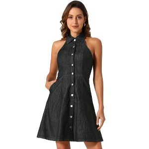 Allegra K Women's Halter Neck Button Down Shirt Denim A-Line Mini Dresses - 1 of 4