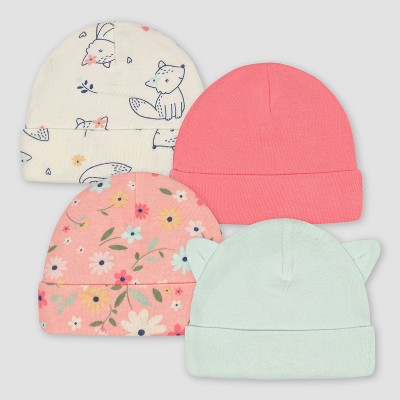 Image of Gerber Baby Girls' 4pk Fox Caps - White/Orange/Light Blue