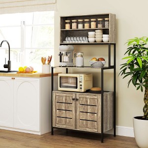 PDTEND Wood Grain Kitchen Baker’s Rack with Power Outlet, Storage Shelves, Microwave Stand & Louvred Cabinets - 1 of 4