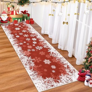 Christmas Runner Rug, Washable Non-Slip Kitchen Hallway Carpet, Soft Low Pile Snowflake Rug for Entryway, Bedside, or Laundry Room - 1 of 4
