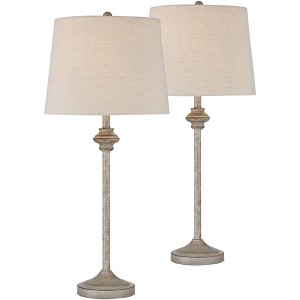 360 Lighting Lynn Country Cottage Buffet Table Lamps 26 3/4" High Set of 2 Beige Wood Oatmeal Drum Shade for Bedroom Living Room Bedside Nightstand - 1 of 4