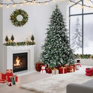 Snow Flocked Christmas Tree with 300 Warm Lights-8 Modes, Prelit Christmas Trees with Pine Cone & Gloves - 1 of 4