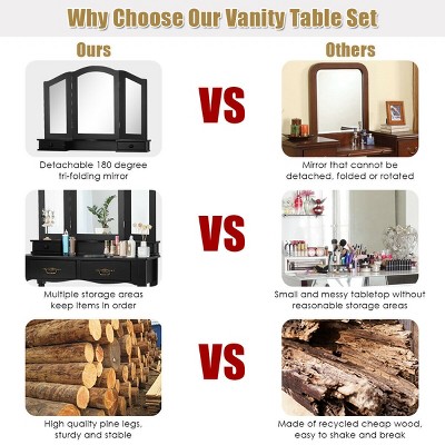 Black MDF Vanity Makeup Table with Tri-Folding Mirror and Bench