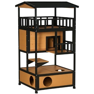PawHut Wooden Outdoor Cat House, Feral Cat Shelter Kitten Tree with Asphalt Roof, Escape Doors, Condo, Jumping Platform - 1 of 4