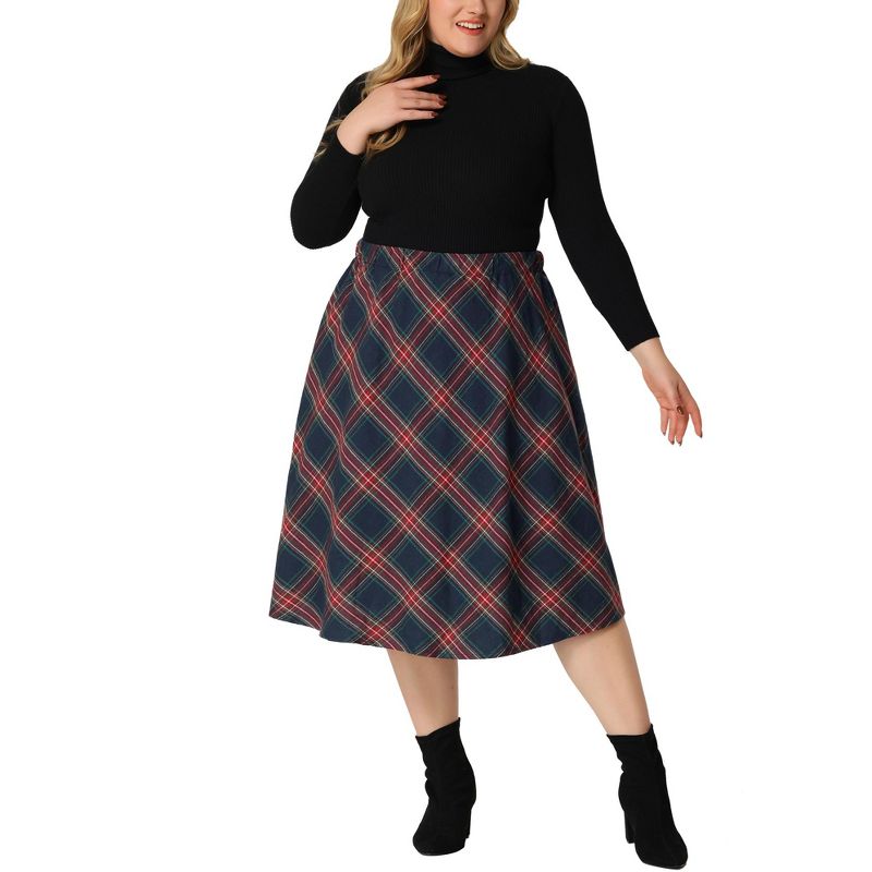 Agnes Orinda Women's Plus Size Velvet Plaid Elastic Waist Flare Fall A Line Skirts, 2 of 7