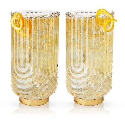 Viski Gatsby Highball Glasses Set of 2 - Vintage Drinking Glass, Art Deco Ripple Glassware Arch Design,  15oz Gold Plated Base Collins Glasses Set