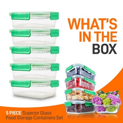 NutriChef 5-Piece Glass Food Storage Containers with Green Lids