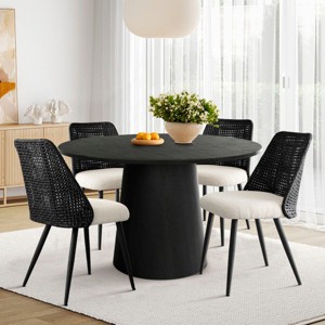 5-Piece Round Dining Table Set, 46" Pedestal Table with 4 Rattan Back Boucle Upholstered Chairs, Coastal Farmhouse Dining Room Set-Maison Boucle‎ - 1 of 4