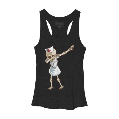 Women's Design By Humans Halloween Dabbing Funny Skeleton Nurse RN Costume Gift By COVI Racerback Tank Top