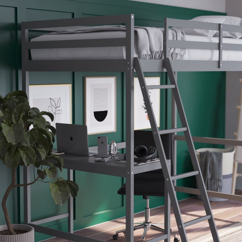 Emma and Oliver Twin Wood Loft Bed Frame with Protective Guardrails and Integrated Desk and Ladder for Use with Any 6-8" Thick Mattress, 4 of 12