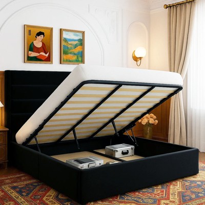 Velvet Upholstered Bed with Lift Up Storage, Wingback Platform Bed Frame, No Box Spring Needed