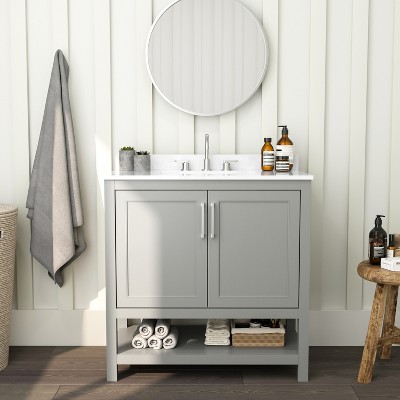 Merrick Lane Bathroom Vanity with Ceramic Sink, Carrara Marble Finish Countertop, Storage Cabinet with Soft Close Doors and Open Shelf
