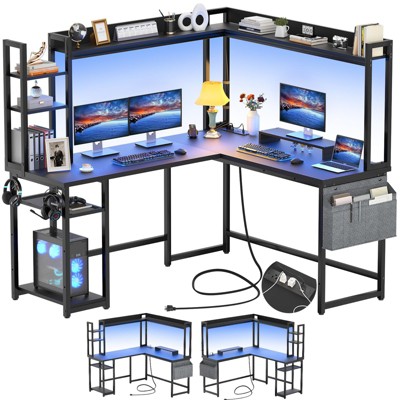 Besiost Corner Computer Desk with Hutch and Led Lights, L-Shaped Desk with Power Outlet