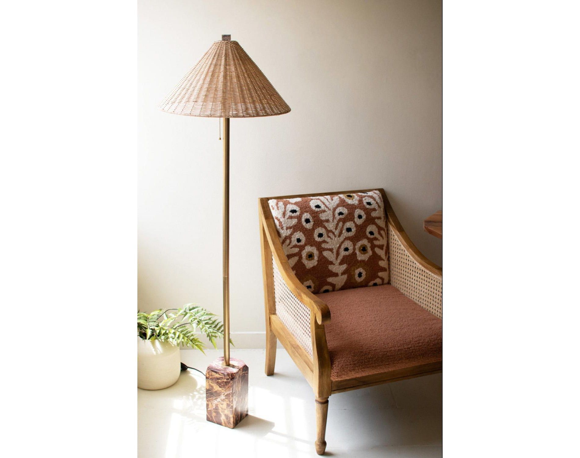 Floor Lamp 60 Inch – Red Marble Base with Rattan Shade – Multi Material By Kalalou