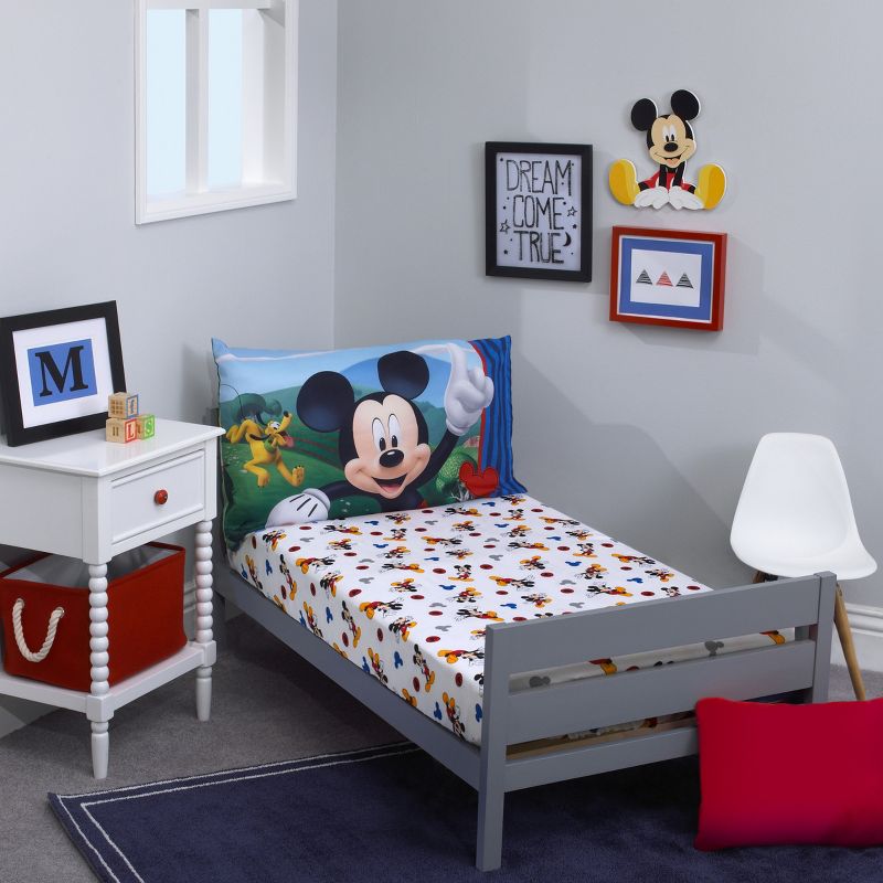 Disney Mickey Mouse - Blue, Red, Yellow 2 Piece Toddler Sheet Set with Fitted Crib Sheet and Pillowcase, 1 of 6