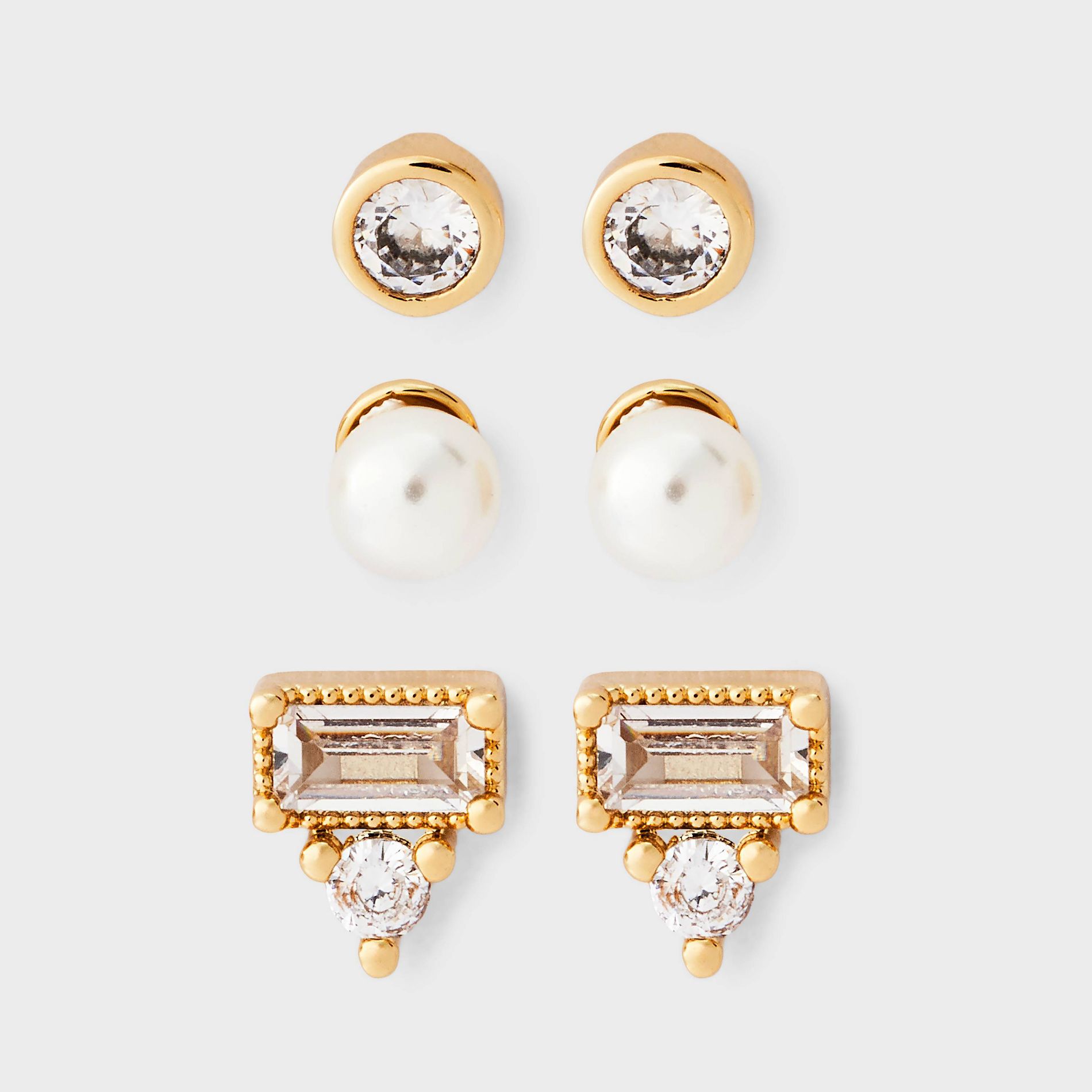 14K Gold Plated & Cubic Zirconia Bezel with Simulated Pearl Flat Back Earring Set 3pc - A New Day™ Gold