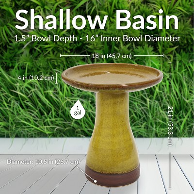 Cognac Yellow Ceramic Bird Bath with Ribbed Pedestal