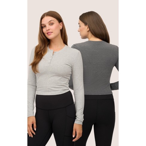 Yogalicious Womens 2 Pack Velvety Heather Valentina Long Sleeve Henley Crop  Top - Htr.Black/Htr.Grey - X Small