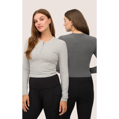 Yogalicious Womens 2 Pack Velvety Heather Valentina Long Sleeve Henley Crop  Top - Htr.black/htr.grey - Medium : Target