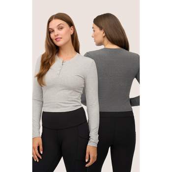 Yogalicious Womens 2 Pack Velvety Heather Valentina Long Sleeve Henley Crop Top
